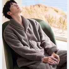 2025新款睡衣男士秋冬季加绒加厚长袖保暖羊羔绒法兰绒家居服套装