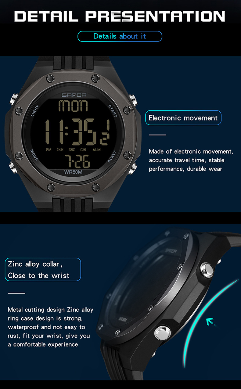 三达新品单显电子手表冷光数字手表简约多功能防水户外运动电子表详情41
