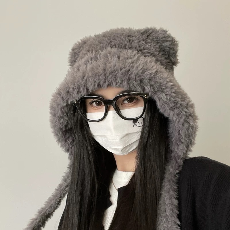 帽子女性の冬のかわいいクマの耳ぬいぐるみ帽子暖かい耳保護帽子プラスベルベット防風ウールボール帽子冬の新スタイル