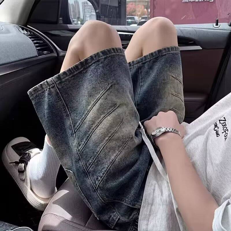 Washed Pleated Denim Shorts Men's Summer Wear Shark Gills Drawstring Five-point Pants Cleanfit Casual Pants_viptrois.com
