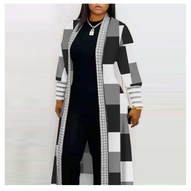 2024 ropa de mujer de comercio exterior transfronterizo Negro estilo de moda casual impreso manga larga costura abrigo de punto medio ropa de mujer