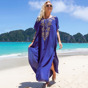 New European and American Zhangqing Embroidered Vacation Robe Loose Seaside Beach Long Dress Sunscreen Bikini Swimsuit Blouse