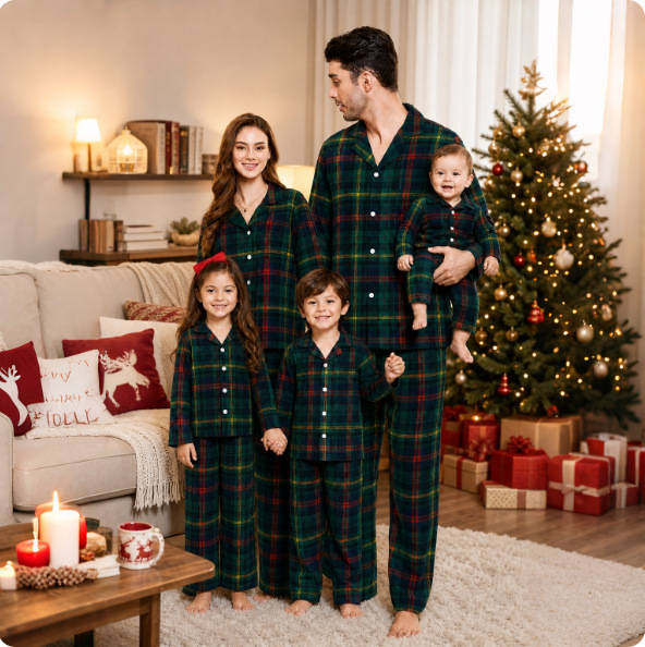 New cross-border European and American Christmas style casual fashion plaid lapel long-sleeve family parent-child pajama set 2633