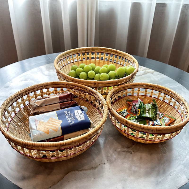 Rattan Bamboo Woven Fruit Basket Desktop Snack Storage Basket Living Room Home Handwoven Fruit Plate Bread Snack Basket