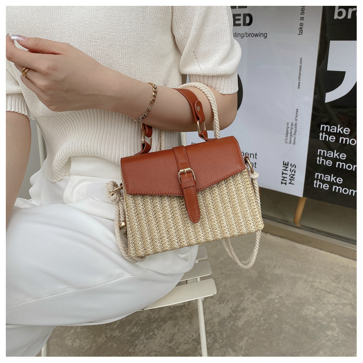 Fashion Contrast Color Straw Messenger Portable Small Square Bag Wholesale display picture 13