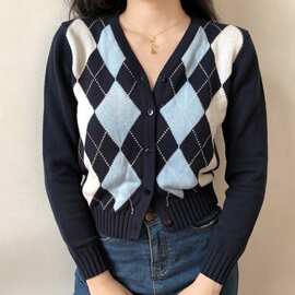 跨境爆品1688外贸女装美式V领长袖短款上衣针织开衫女外套批发