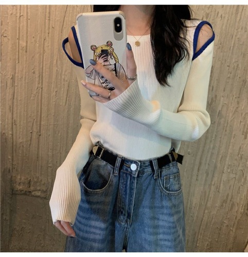 Designer Style Niche Cleavage Revealing Spring and Autumn  New Arrival Base Layer Crewneck Long Sleeve Knit Top Women's Innerwear Top