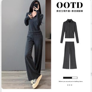 Gray Striped Sweatshirt Jacket for Women, Early Autumn Korean Style, Slim-Fit Waist Top, Complete Set for Early Autumn Outfits