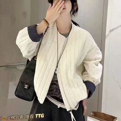 2025年秋款外套薄棉圆领格子拼接上衣外套宽松休闲韩版学院风外套