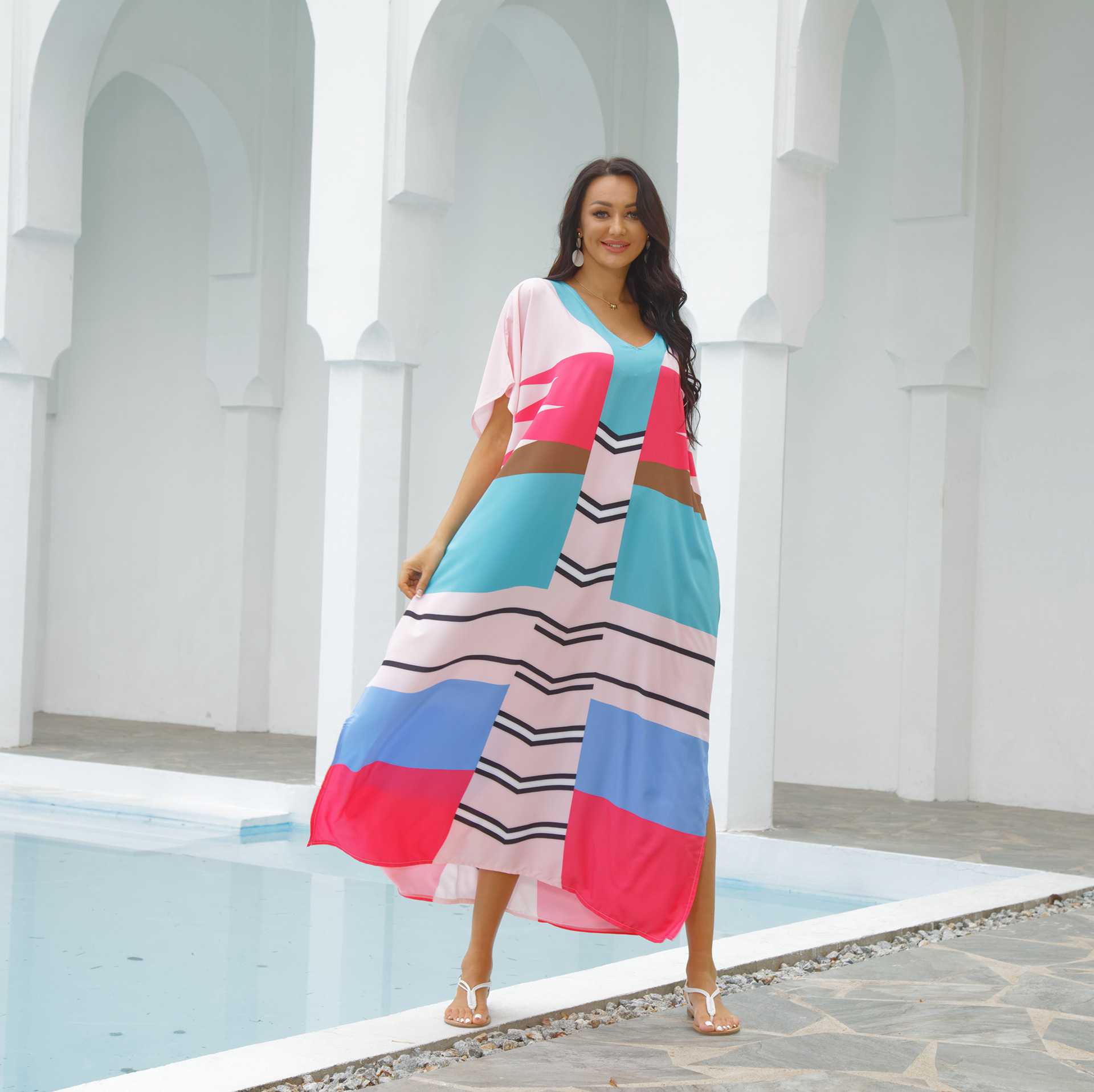 Playa blusa de poliéster suelta más tamaño traje estilo playa protección solar vacaciones Falda larga bikini capa exterior 5D36