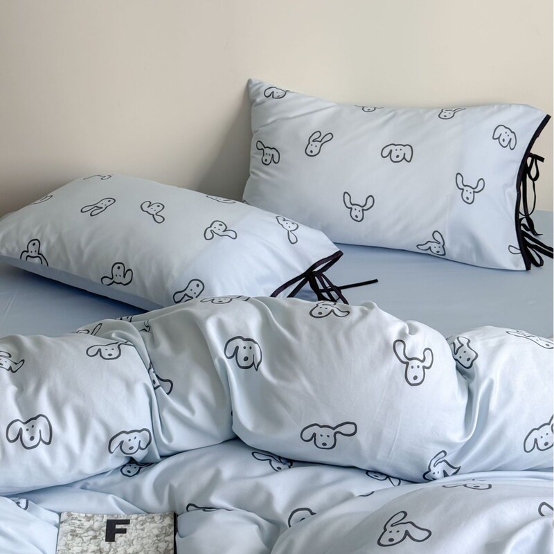 Korean 60S Washed Cotton Printed Four-Piece Set with Tie, Cartoon Ins Style, Japanese Fresh Duvet Cover