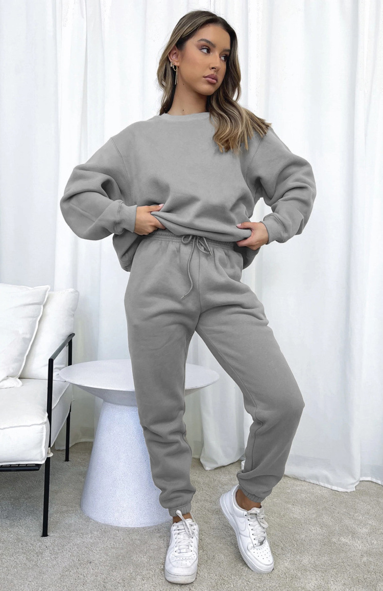 840g Weight Long Sleeve Sleeve Length Polyester Fabric Type Sweatshirt & Hoodie Co-ord Set Sets Type 2 Pieces Set Quantity Casual Occasion Round Neck Neckline Loose Fit Type Solid Color Pattern Winter, Autumn Season Women's Gender Streetwear Style Casual Women's Streetwear Solid Color Polyester Sweatshirt & Hoodie Co-ord Set Pants Sets 4
