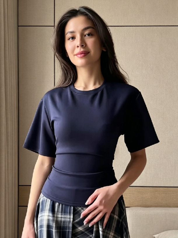 性感修身显瘦圆领纯色短袖女式T恤夏季系带收腰纯欲休闲T恤上衣女