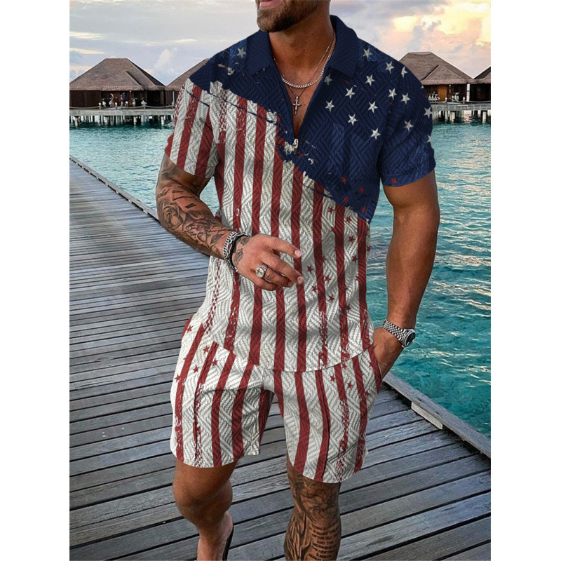 2024 クロスボーダーヨーロッパとアメリカの紳士服新しい独立したステーション供給カジュアルコントラストカラーポロジッパーラペルシャツ半袖スーツ|undefined