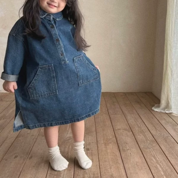 Children's Ins Korean Style Autumn and Winter New Skirt Girls Baby Loose Casual Fashion Lapel A-Line Denim Dress