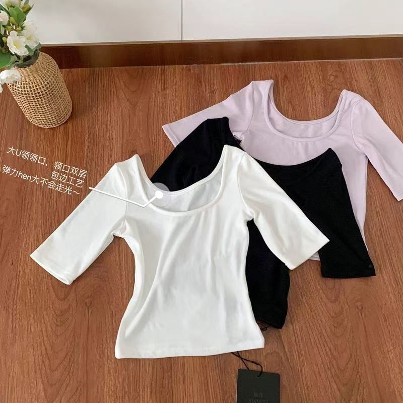 Summer Low U-Neck Mid-Sleeve Short T-Shirt for Women, Solid Color Versatile Slim-Fit Short-Sleeve Tight-Fitting Cropped Top