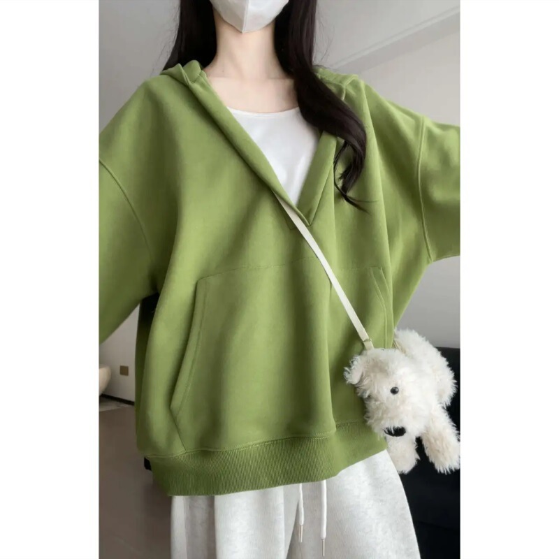 V-Neck Pullover Sweatshirt Jacket Autumn Women's Loose Girly Pure Color Versatile Pullover Sports Outdoor Outer Top