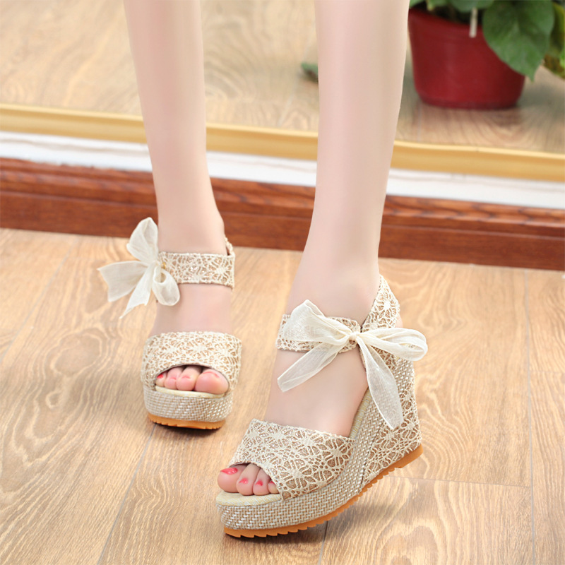 Wedge Sandals Women's New Sandals Summer Waterproof Platform Fish Mouth Sandals Ribbon Platform Sole High Heels Women's Shoes Large Size Foreign Trade