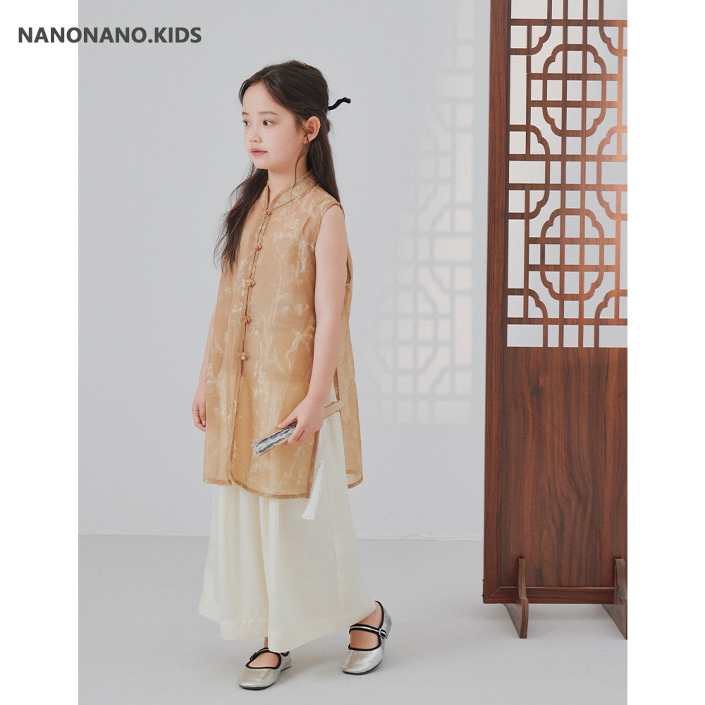 nanokids 24夏装女童国风长马甲（含吊带）+压花阔腿九分裤儿童