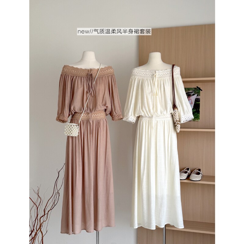 Summer Off-The-Shoulder Lace Top + Large Flared Fairy-Like Skirt Women's Two-Piece Gentle Vacation Set Summer Off-The-Shoulder Lace Top + Large Flared Fairy-Like Skirt Women's Two-Piece Gentle Vacation Set