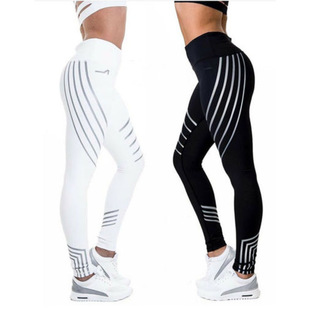Spot European and American Streamers Laser Digital Printing Striped Tight High Waist Sports Yoga Leggings Women's Fitness Pants