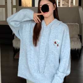 减龄学院风秋冬新款腊肠狗绣花连帽针织衫毛衣女宽松软糯卫衣长袖