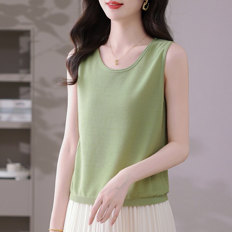 Summer New Style Fine-Spun Mulberry Silk Round-Neck Knit Vest, Solid Color Loose Pullover Sleeveless Tencel Top, Base Layer Shirt