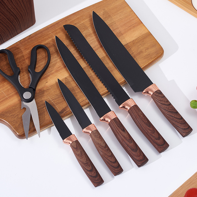 Conjunto de cuchillos antiadherente transfronterizo con patrón de diamante negro y cómodos con patrón de madera siete piezas con cuchillos de regalo cuchillo de cocina doméstico en stock