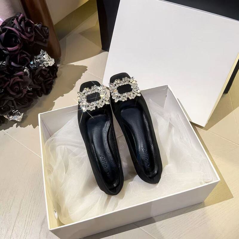Black Suede Commuter High Heels for Women 2026 Spring and Autumn New Style Square Toe Chunky Heel Shallow Mouth Rhinestone Professional French-Style Single Shoes Black Suede Commuter High Heels for Women 2026 Spring and Autumn New Style Square Toe Chunky Heel Shallow Mouth Rhinestone Professional French-Style Single Shoes