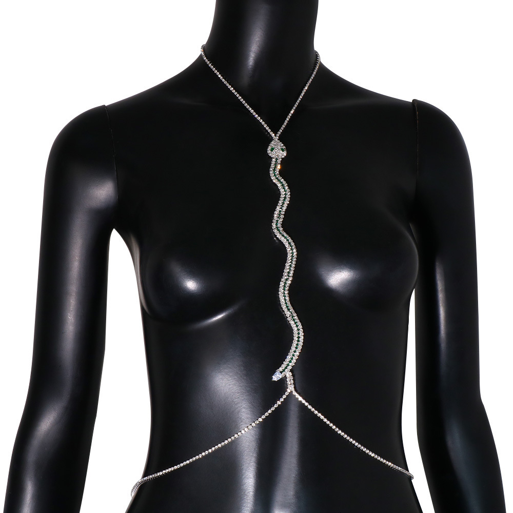 Moda europea y americana rhinestone Cadena de pecho personalidad sexy en forma de serpiente Halter Cadena de pecho accesorios de Bikini Cadena de cuerpo