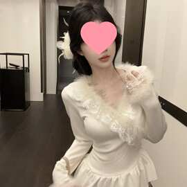 法式气质别致甜美显瘦加绒纯欲风毛毛蕾丝边拼接小众荷叶边上衣女