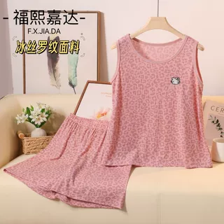 福熙嘉达冰丝罗纹背心睡衣夏季薄款HelloKitty豹纹宽松短裤两件套