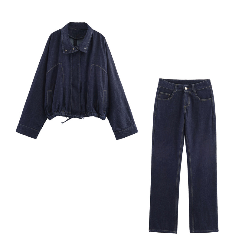 Amazon Wholesale Autumn New Bat Sleeve Jacket Jacket Low Waist Wide Leg Pants Denim Suit Women 8727271