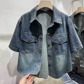 衬衣女夏季新款领宽松休闲短款小众短袖薄款牛仔衬衫上衣