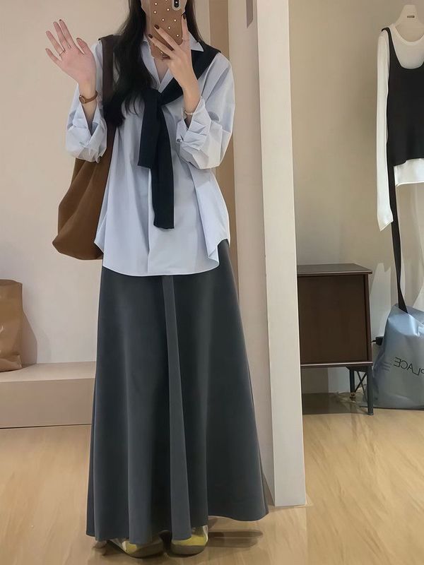 韩系休闲套装宽松长袖翻领衬衫女秋季高腰修身半身裙字裙两件套|undefined