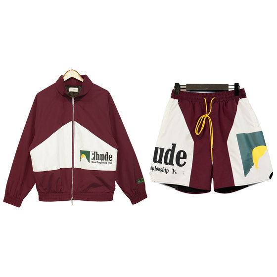 European and American High Street Zipper Stitching Jacket Coat Hip-hop Loose Casual Contrast Color Shorts Sports Pants suit Trendy