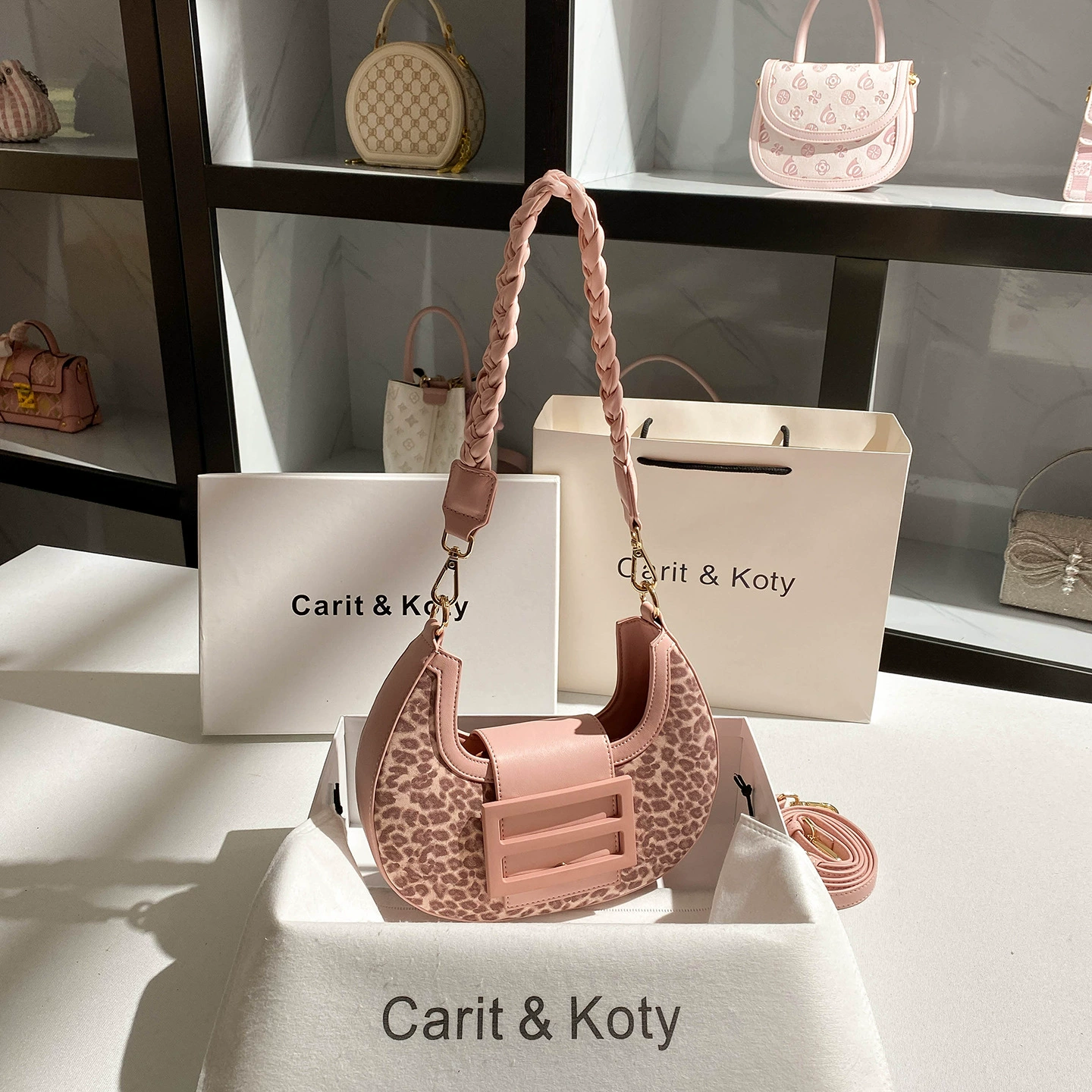 Underarm One-Shoulder Bag (Carit & Koty) Woven Crescent, Braided Handle & Detachable Strap, Multi Colors