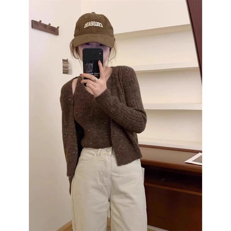 韩版春秋短款修身显瘦针织开衫吊带背心女两件套气质V领毛衣外套|undefined