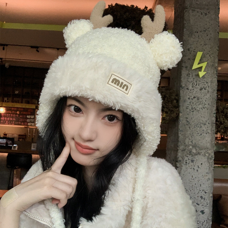 韩版可爱小鹿耳朵帽女冬季日系学生毛绒帽加厚保暖护耳针织毛线帽