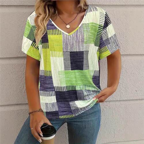 European and American TEMU new fashionable casual all-matching square pattern short-sleeved V-neck T-shirt for women