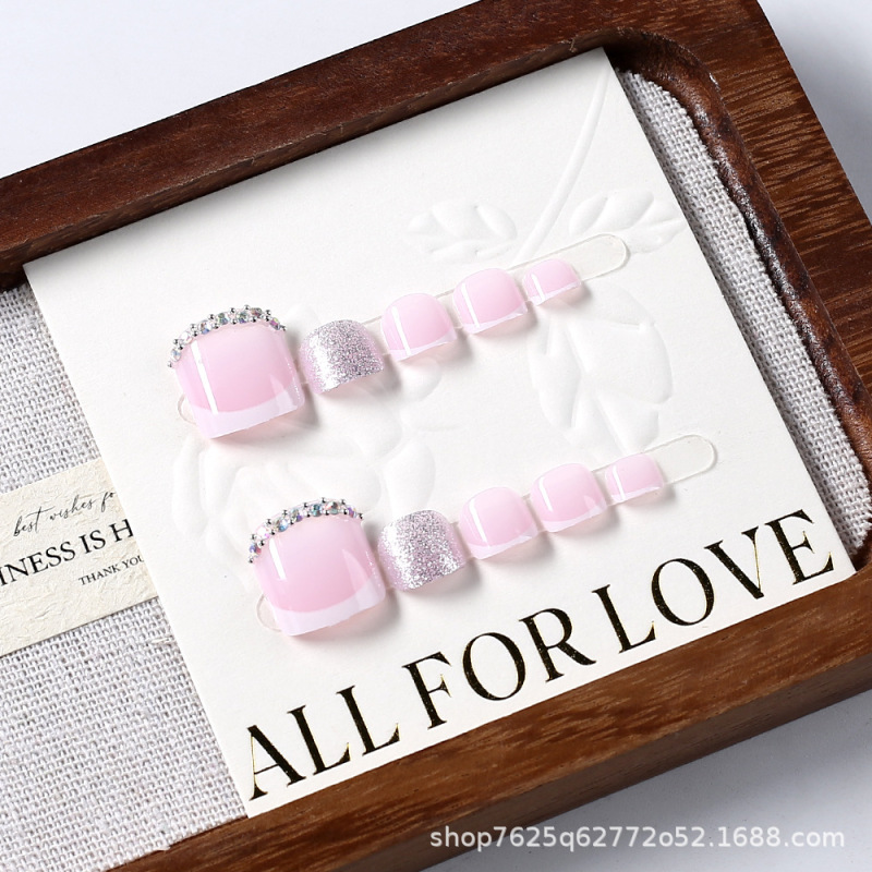 Cross-Border 24-Piece Set of Wearable Nail Patches with Sparkling French-Style Crushed Diamonds, Pink Gradient Short Square Toenails, False Nails