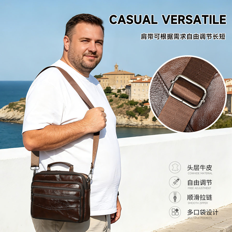 Túi đeo chéo nam Marlunet da bò thật kiểu ngang dung tích lớn, đựng được máy tính bảng 10 inch — Màu cà phê
