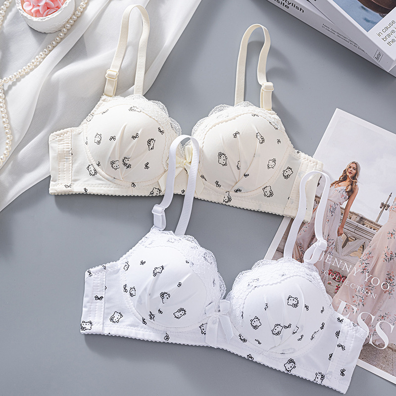 Cute girly bra for foreign trade, no underwire, push-up, anti-sagging, thin, comfortable, breathable student underwear set