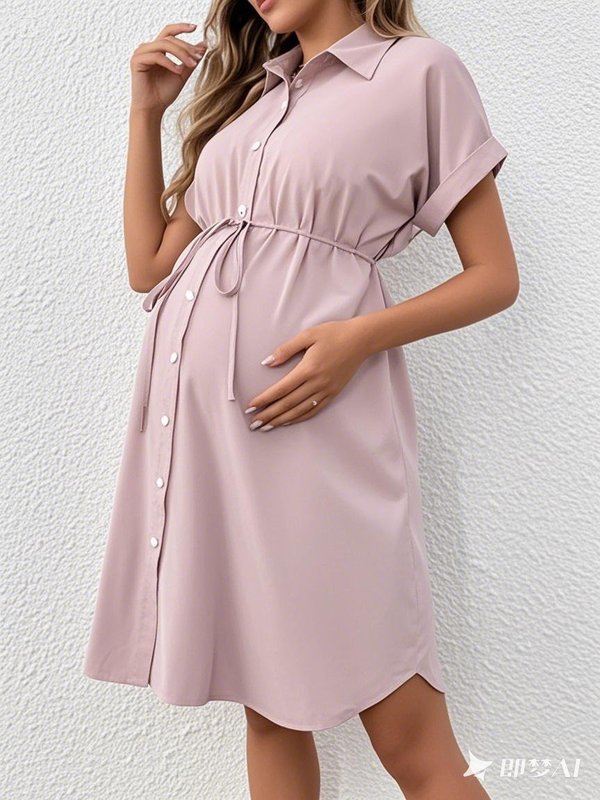 欧米の新型妊婦服夏半袖ボタンカジュアル妊婦スカートファッションベルトシャツ妊婦ワンピース|undefined