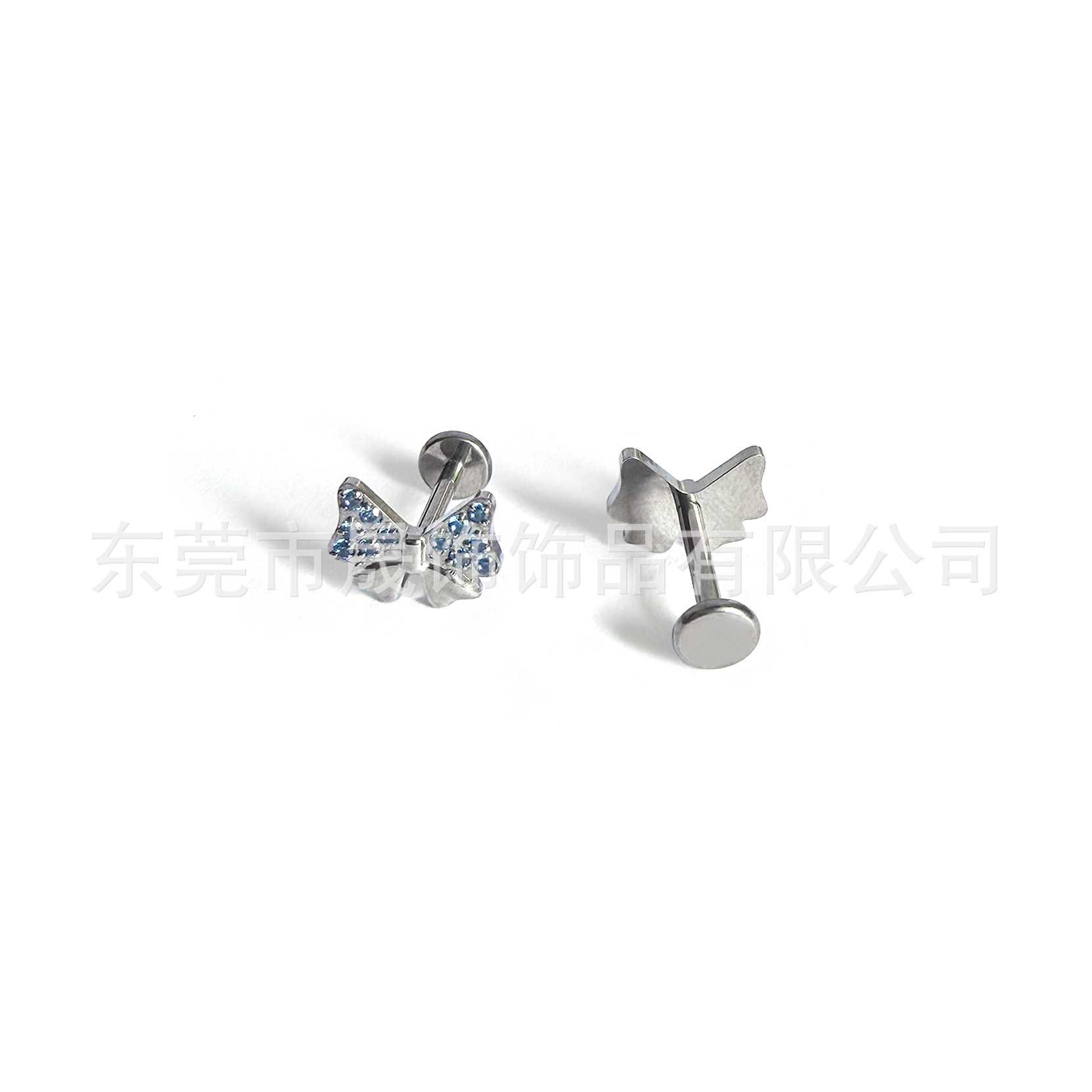 F136钛耳钉耳骨钉蝴蝶结镶嵌锆石G23钛合金人体穿刺饰品配件