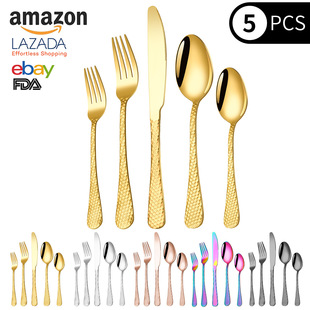 Cross-border 410 stainless steel embossed 1010 western-style hammered tableware retro 4-piece hotel steak knife fork spoon