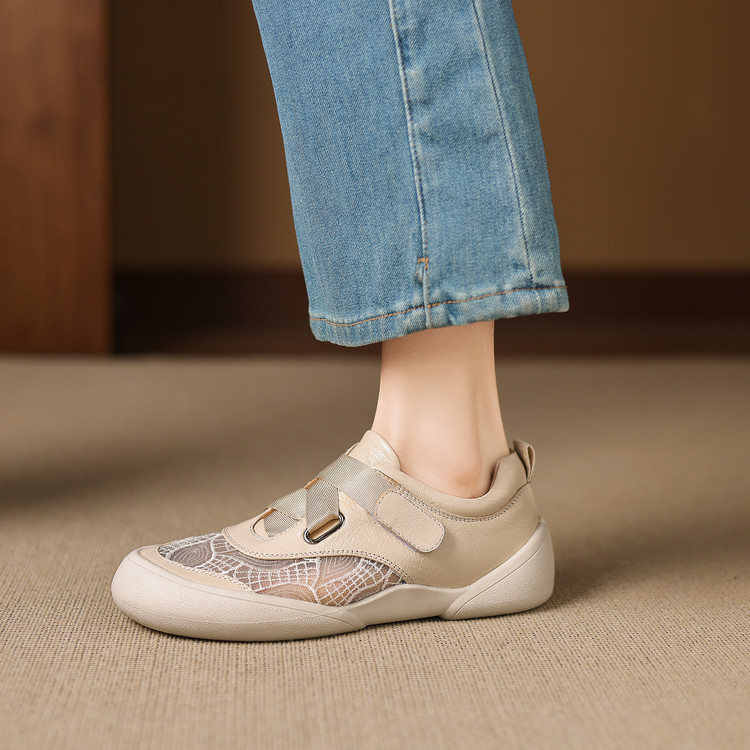 Giày sneaker nữ phối màu da thật lỗ thoáng khí đế bệt buộc dây kết hợp miếng dán — màu trắng ngà chi tiết 60