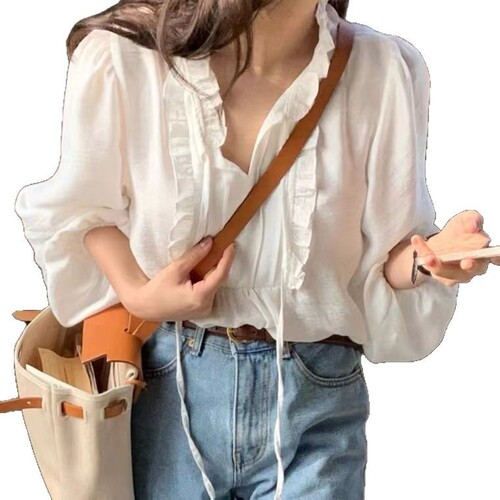 Korean Chic Spring Gentle and Graceful V-Neck Tie-on Ruffle Design Puff Sleeve Loose Solid Color Shirt 