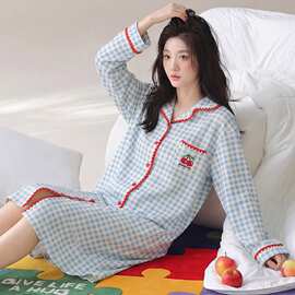 纯棉长袖开衫女士睡裙可爱卡通甜美全棉连衣裙女生可外穿长袖睡裙