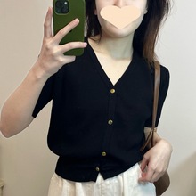 黑色冰丝针织短袖T恤女夏季新款小众设计感V领修身显瘦纯欲风上衣